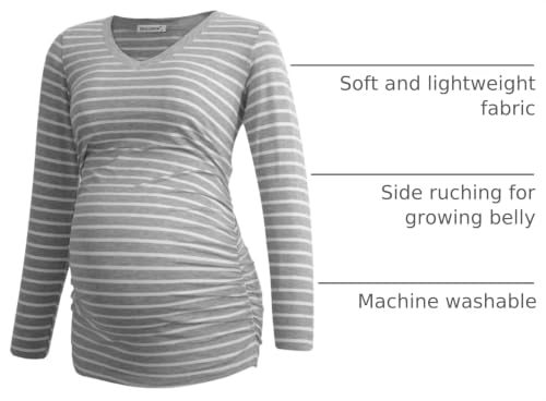 Smallshow Women's V-Neck Maternity Shirt Clothes Long Sleeve Ruched Pregnancy Top - color: Black-light Grey-light Grey Stripe(3 Pack), size: XX-Large