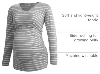 Smallshow Women's V-Neck Maternity Shirt Clothes Long Sleeve Ruched Pregnancy Top - color: Black-light Grey-light Grey Stripe(3 Pack), size: XX-Large