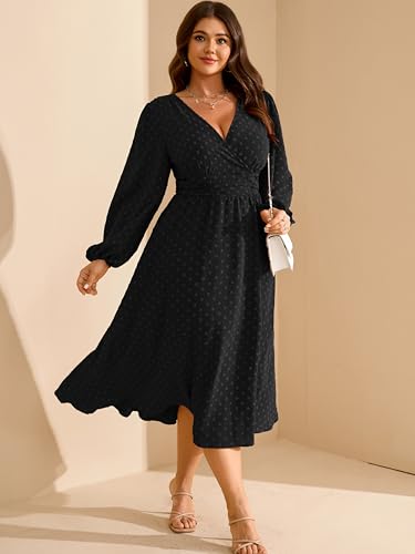 RWJ Women's Plus Size Fall Wedding Guest Dress V Neck Swiss Dot Long Sleeve - color: Black, size: 3X-Large Plus