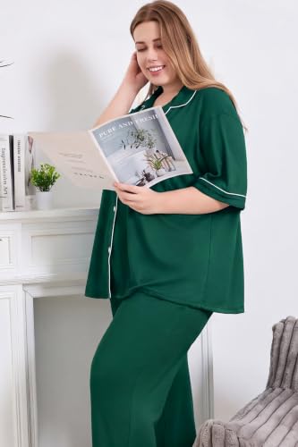Women Plus Size Button Down Pajamas Long Pants Lounge Sets PJS - color: Dark Green, size: XX-Large