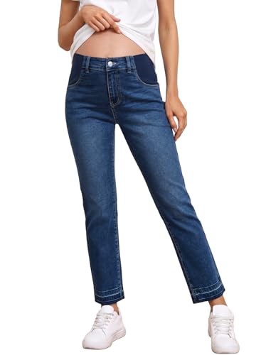 BLENCOT Women Maternity Pants High Waisted Straight Leg Ankle Jeans - color: Sail Blue, size: Medium