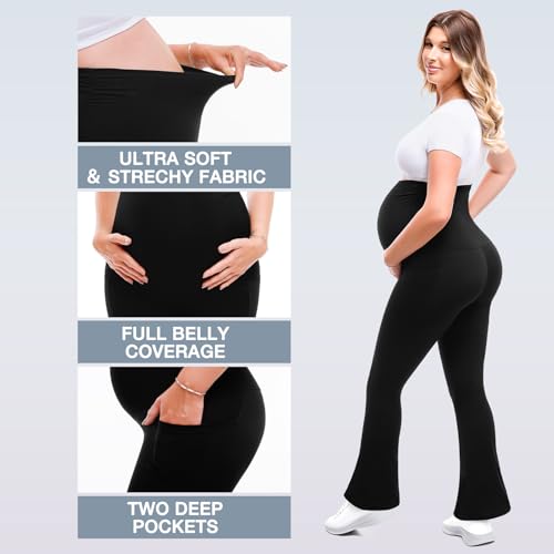 Leafigure Maternity Flare Leggings with Pockets - color: Brown, size: Large