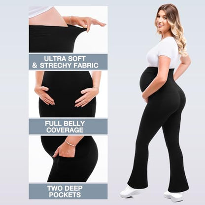 Leafigure Maternity Flare Leggings with Pockets - color: Black, size: Large