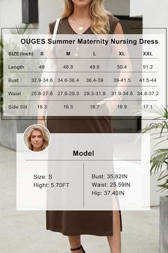 OUGES Women's Anti-Wrinkle Airy Layer Summer Maternity Dress V Neck Split Midi Nursing Dresses with Pockets 2026 - color: Coffee, size: Small