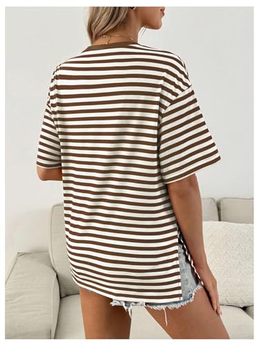 OYOANGLE Women's Striped Short Sleeve Maternity T Shirts Crewneck Split Hem Casual Tee Tops - size: Medium