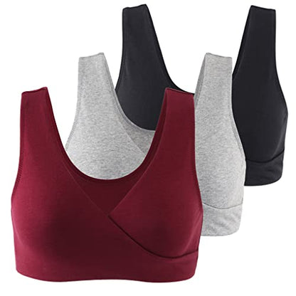KUCI Maternity Nursing Bra Wireless Cotton Breastfeeding Bra for Sleep - color: Black+grey+red Wine/3pack, size: Medium