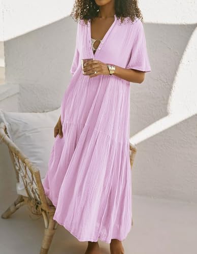 R.Vivimos Womens Summer Cotton Casual Flowy Maxi Dress - color: Lavender, size: Small