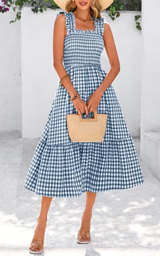 PRETTYGARDEN Women's Summer Dress Casual Ruffle Strap Gingham Midi Sundress - color: Dark Blue, size: Small