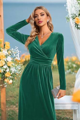 OUGES Women's Warp Pockets Maxi Fall Winter Cocktail Formal Dress 2026 - color: G-velvet Green, size: Medium