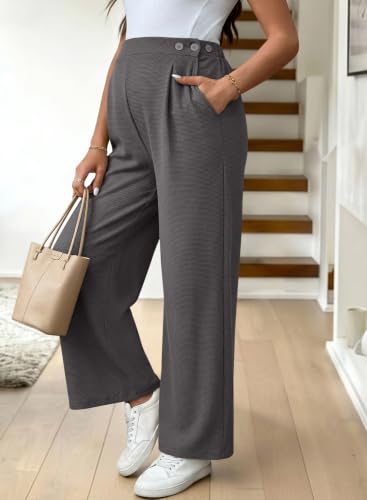 BLENCOT Maternity Pants Work Waffle Knit Wide Leg Pregnancy Trousers - color: Carbon Grey, size: Medium