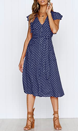 MITILLY Women's Boho Polka Dot Flutter Short Sleeve V Neck Button Down Swing Midi Dress with Pockets - color: 02 Dark Blue, size: X-Large