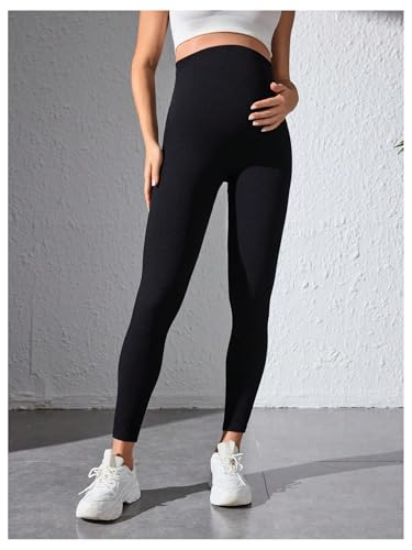 OYOANGLE Maternity High Waisted Ribbed Leggings Over The Belly Yoga Pants - size: Large