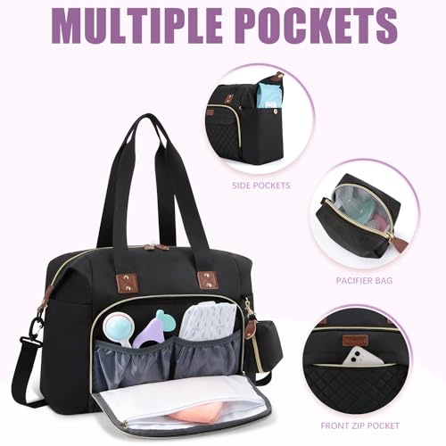 Tuwubi Diaper Bag Tote,Baby Diaper Bag with Pacifier Case - color: Black, size: Large