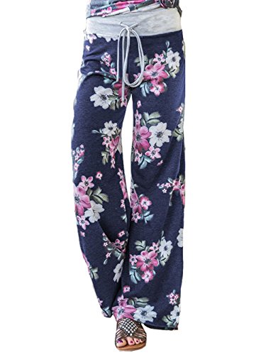iChunhua Women's Comfy Stretch Floral Print Drawstring Palazzo Wide Leg Lounge Pant - color: Blue-white Flower, size: Medium