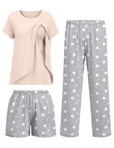 Ekouaer 3 PCS Maternity Nursing Pajamas Set Postpartum Breastfeeding PJS - color: Champagne Print, size: Medium