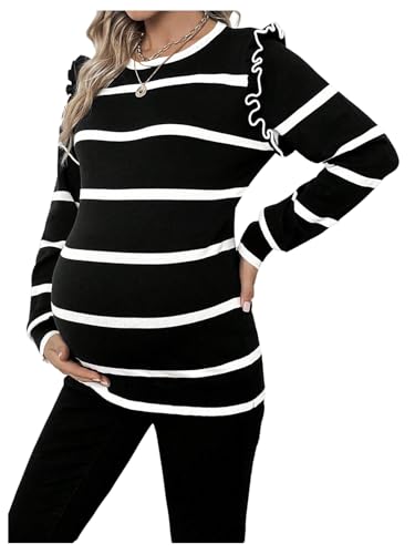 BEAUDRM Women's Maternity Sweater Striped Pattern Round Neck Long Sleeve Ruffle Tops - color: Black, size: X-Large