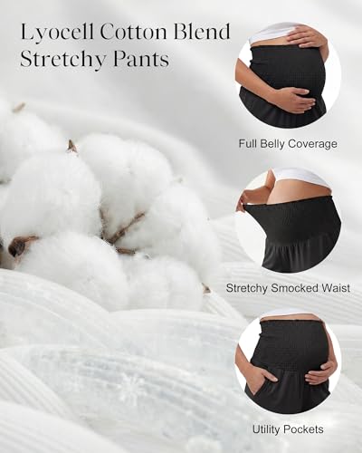 OUGES Womens Lyocell Cotton Maternity Pants Over Belly Smocked Waist Stretchy Casual Wide Leg Palazzo Pants with Pockets - color: Black, size: Small