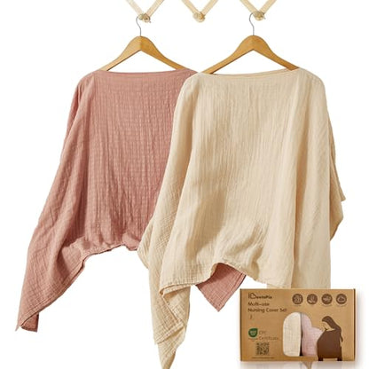 Cotton Muslin Nursing Cover, 2 Pack, 360° Full Privacy Poncho - color: Linen & Dusty Pink
