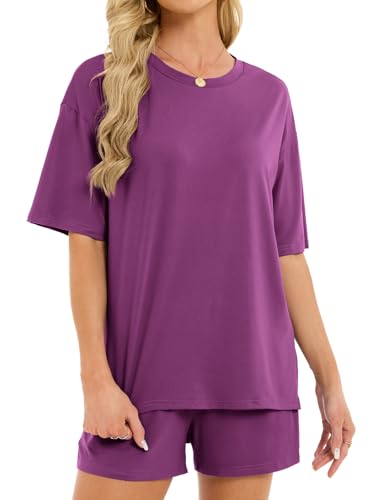 Women's 2 Piece Short Sets Loose Lounge Sets Summer Matching Sets - color: Purple, size: X-Large