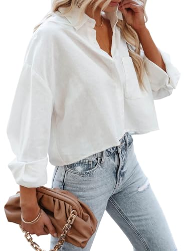 LAYOGAS Womens Crop Button Down Shirts Casual Long Sleeve Lapel Blouse - color: 01-white, size: Small