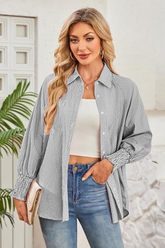 OUGES Women's Cotton Blend Oversized Boyfriend Collar Shirts Smocked Cuffed Striped Button Down Blouse Tops with Pockets - color: Black, size: Large
