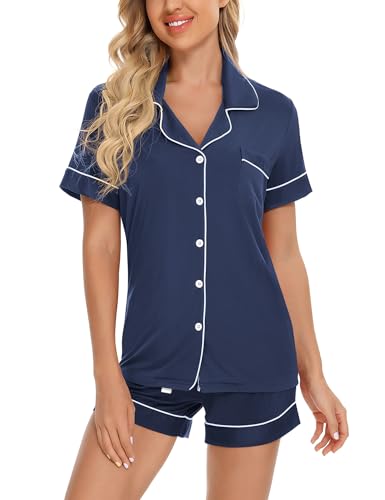 Anjue Womens Pajamas Set Short Sleeve Button Down Soft Pj Sets S-XXL - color: A Cyan, size: Medium