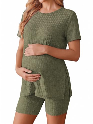Ekouaer Women's Maternity 2 Piece Sets Short Sleeve Shirts and Biker Shorts - color: 02 Army Green, size: Small