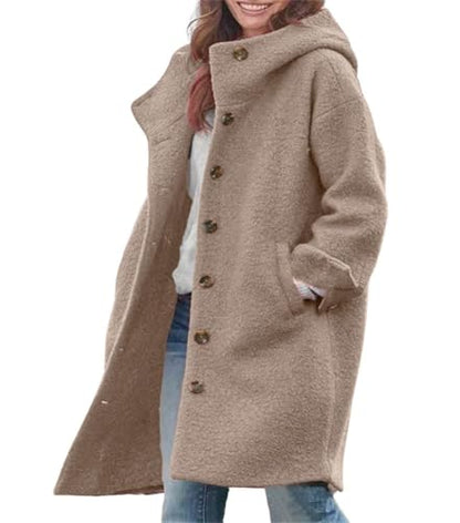 chouyatou Women's Winter Single Breasted Long Wool Coat with Hood Casual Wool Blend Trench Coat Jacket - color: Khaki, size: Large