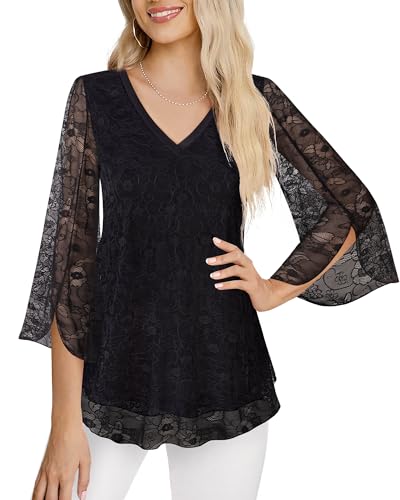 Timeson Women's 3/4 Sleeve Floral Blouses Shirts - color: Black Lace, size: Medium