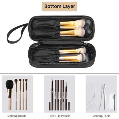 Small Makeup Bag 2 Layers Travel Cosmetic Bag with Makeup Brush Compartment - color: 02-nylon black