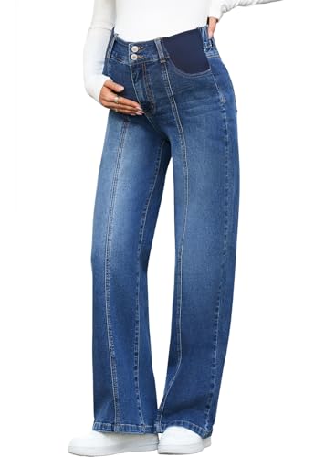 BLENCOT Women's Maternity Jeans High Waist Side Panel Wide Leg Denim Pants - color: Bluing, size: Medium