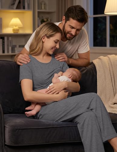 Ekouaer 3 Pack Postpartum Nursing Pajamas Breastfeeding Maternity Clothes - color: Dark Gray, size: Small