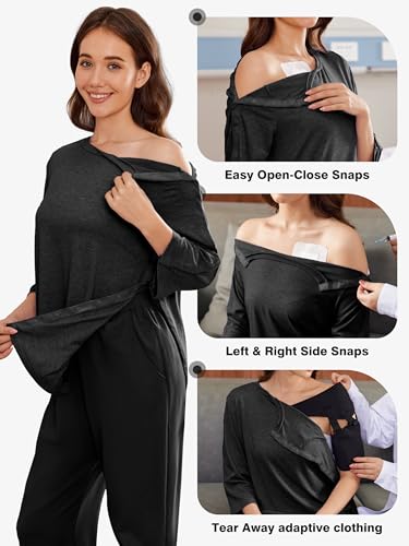 Deyeek Women's Post Shoulder Surgery Shirts Tear Away 3/4 Snap Tops - color: Black, size: Small