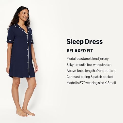 Amazon Essentials Women's Modal-Blend Nightgown, Short Sleeve Button-Down - color: Navy, size: Small