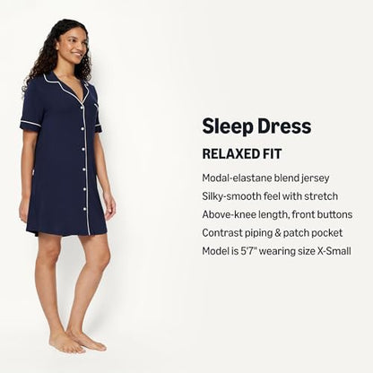 Amazon Essentials Women's Modal-Blend Nightgown, Short Sleeve Button-Down - color: Navy, size: Small