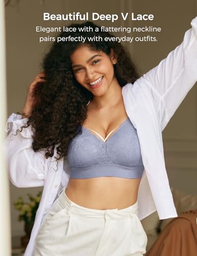 Momcozy Lace Nursing Bra for Breastfeeding, Wirefree Maternity Bra with Fixed Padding, Soft Deep V Bra - color: Bluebell, size: XX-Large