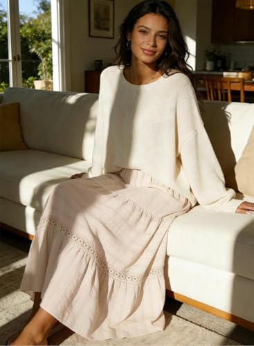 BLENCOT Women's Boho Tiered High Waisted Cotton Long Flowy Skirt - color: Apricot, size: Medium
