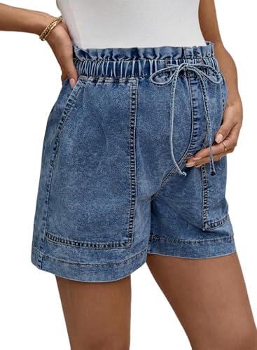 BLENCOT Maternity Jeans Shorts High Rise Stretchy Drawstring Postpartum - color: Dirty Blue, size: Large