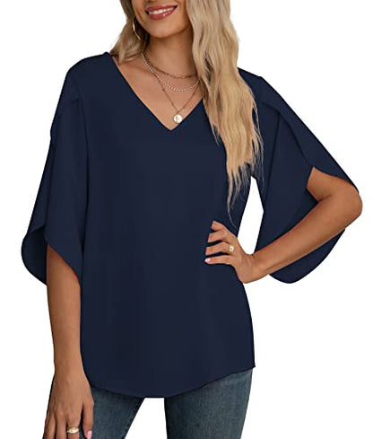 Jouica Women's 3/4 Ruffled Sleeve Blouses Summer Chiffon Casual Loose Tops - color: 01navy Blue, size: Small