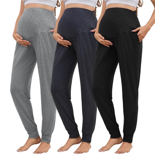 3 Pack Women's Maternity Sweatpants Over The Belly Pregnancy Jogger Pants Stretchy Maternity Pants with Pockets - color: Black/Dark Gray/Light Gray, size: Medium