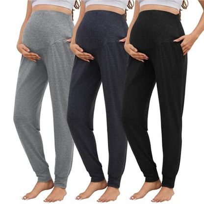 3 Pack Women's Maternity Sweatpants Over The Belly Pregnancy Jogger Pants Stretchy Maternity Pants with Pockets - color: Black/Dark Gray/Light Gray, size: Medium