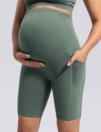 POSHDIVAH Creamluxe Maternity Biker Shorts with Pockets 6"/8" - color: Olive Mist, size: Small