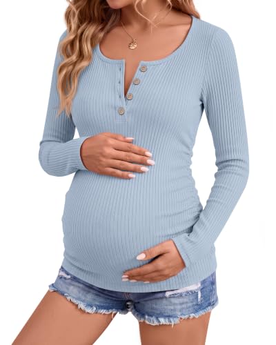 Women's Maternity Long Sleeve Shirt Pregnancy Top - color: Gray Blue, size: Large