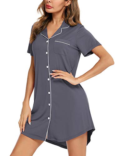 Senert Nightgowns for Women Button Down Sleeve Sleep Shirt Night Gowns - color: Gray, size: Large