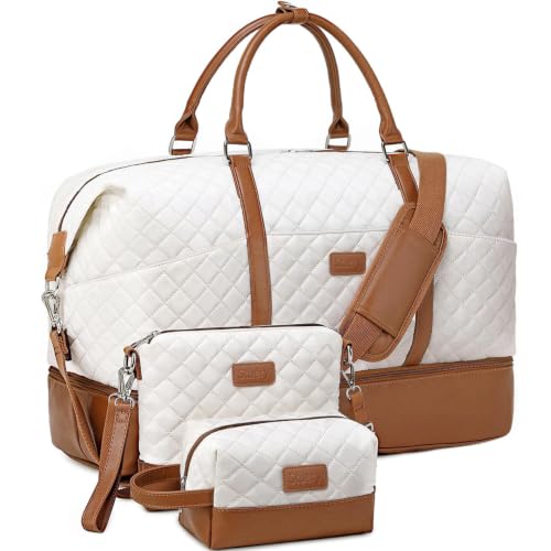 Weekender Bags for Women, Large Travel Duffel Bag, Carry on Overnight Bag - color: White