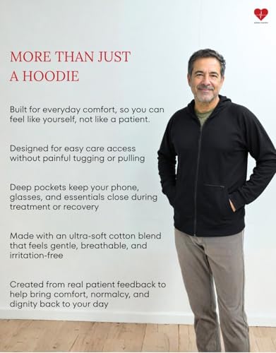 Inspired Comforts Unisex Dialysis & IV Access Hoodie – Dual Arm Zippers, Thumbhole Sleeves & Pockets - color: Black, size: Small
