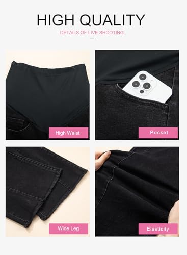 BLENCOT Women Maternity Jeans Bootcut Straight Leg Stretchy Denim Pants - color: Dark Black, size: Large