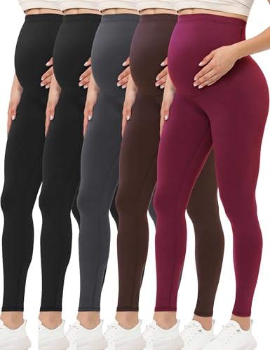 Buttergene 5 Pack Maternity Leggings with Elastic Band - color: 5pack Black/Black/Darkgrey/Coffee/Burgundy, size: Small