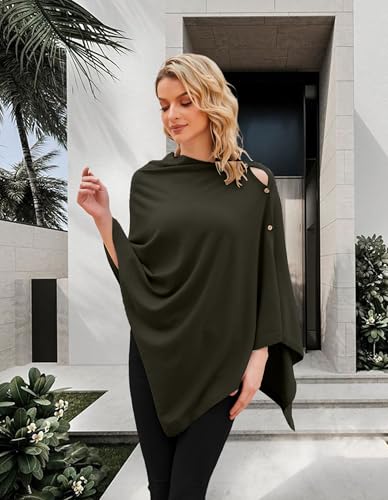 PULI Women's Versatile Knit Shawl Poncho Sweater Button Scarf - color: Dark Army Green