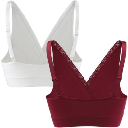 Wireless Cotton Nursing Bra for Sleep& Maternity, Pregnancy Breastfeeding Top, Adjustable Straps, Full Coverage - color: Red Wine+white/2pack, size: Large